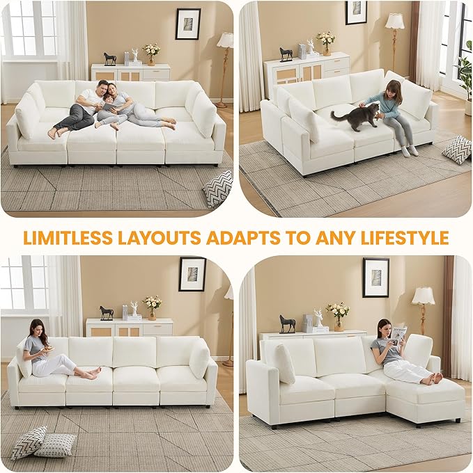 4-Seater Modular Sectional Cloud Sofa, Straight-Line Couches for Living Room, Modern Upholstered Deep Seat Sofa, Chenille Beige