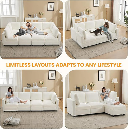 3-Seater Modular Sectional Cloud Sofa with Ottoman, L-Shaped Couch for Living Room, Modern Convertible Deep Seats Sofa, Chenille Beige
