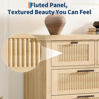 GarveeHome Fluted 7 Drawer Dresser for Bedroom, 47.4 in Wide Mid Century Modern Chest of Drawers, Wooden Fluted Dresser Chest with Clothes Storage Cabinet, Organizer for Bedroom, Living Room, Natural