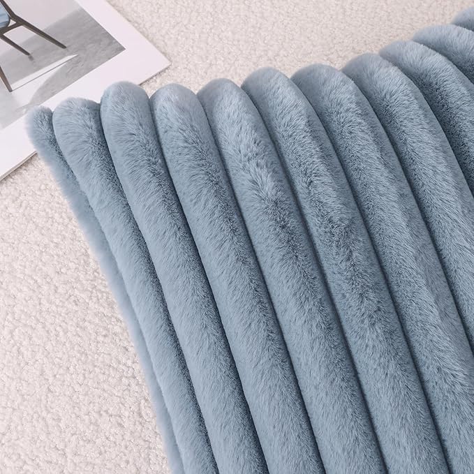 Pallene Faux Fur Plush Lumbar Throw Pillow Covers 12x20 Set of 2, Luxury Soft Fluffy Striped Decorative Pillow Covers for Sofa, Couch, Living Room, Blue Grey