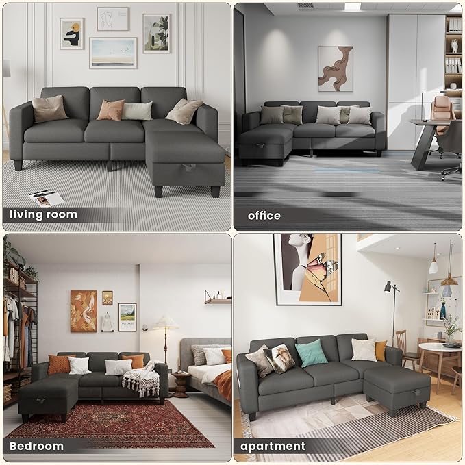 Youmumeub Sectional Sofa Couches for Living Room - Small Living Room L Shaped Pet Friendly Modular 3 Seater Couch-Convertible Washable Covers Suitable for Apartment Bedroom Office-Dark Gray Linen