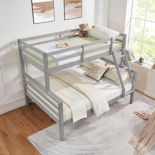 Softa Twin Over Full Bunk Bed with Thick Posts,Wooden Bunk Bed with High Guardrail and Ladder for Kids, Teens, Dorm Rooms, and Guest Rooms,No Box Spring Needed,Grey