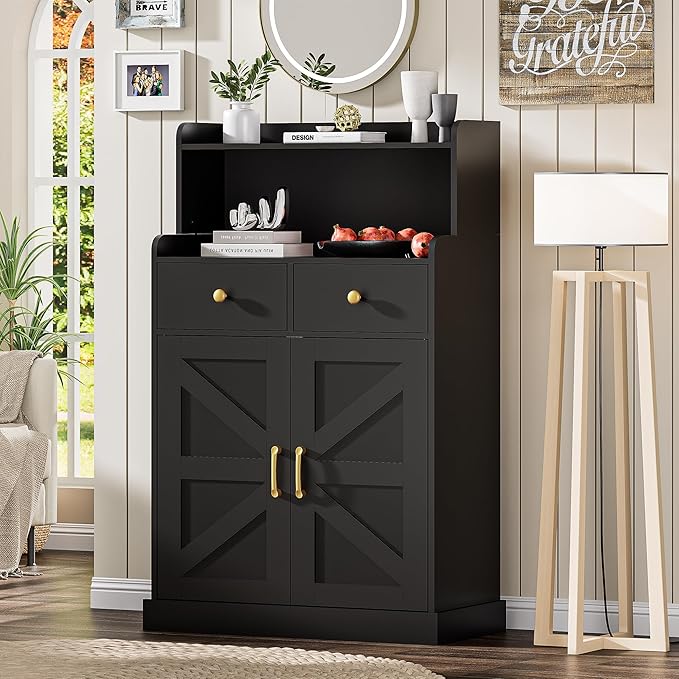 Storage Cabinet with Doors and Shelves, Bathroom Cabinet with 2 Drawers, Farmhouse Black Storage Cabinet, Kitchen Cabinet Cupboard for Living Room, Kitchen, Entryway, Home Office