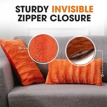 Cheer Collection Fall Decorative Throw Pillows for Couch – Set of 2 Faux Fur Fall Pillows for Couch, Cozy Fall Couch Pillows for Living Room or Bed, Soft, Rust Accent Pillows, 12" x 20"