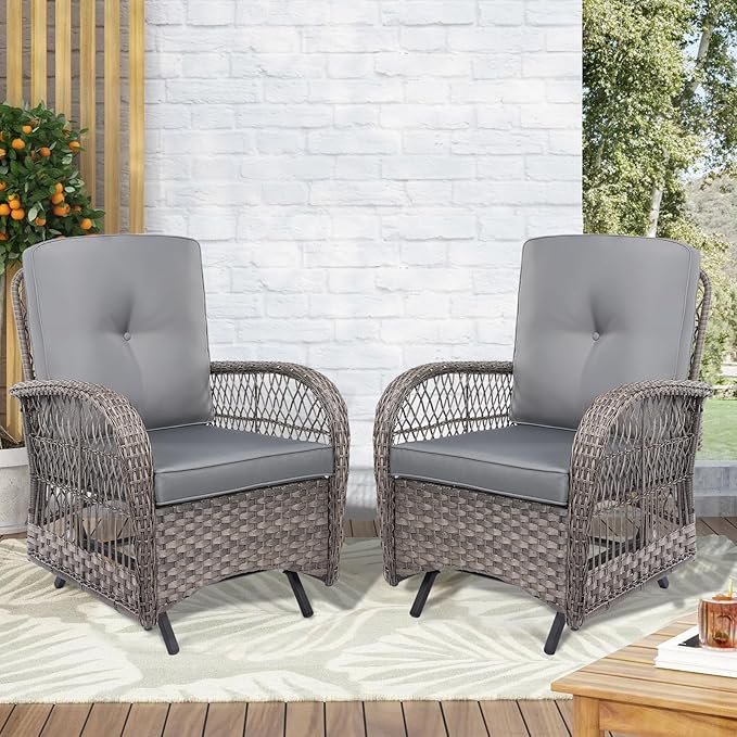 VIVIJASON 2-Piece Outdoor Wicker Glider Rocking Chair, Patio Rattan Swing Glider Chairs with Cushions & Steel Frame, All-Weather Gliding Lawn Wicker Furniture for Garden Backyard Porch, Grey