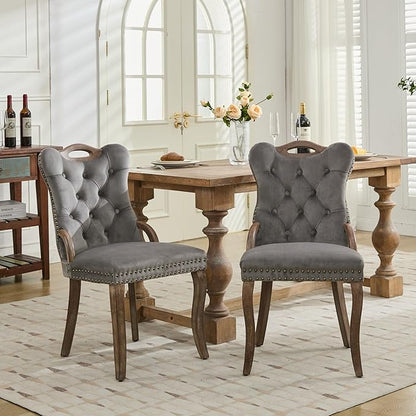 Velvet Dining Chairs Set of 2, Solid Wood Handles, Wooden Upholstered Dining Chair, Vintage Copper Nail Decoration, Mid Century Modern Kitchen Chair (Grey, Set of 2)