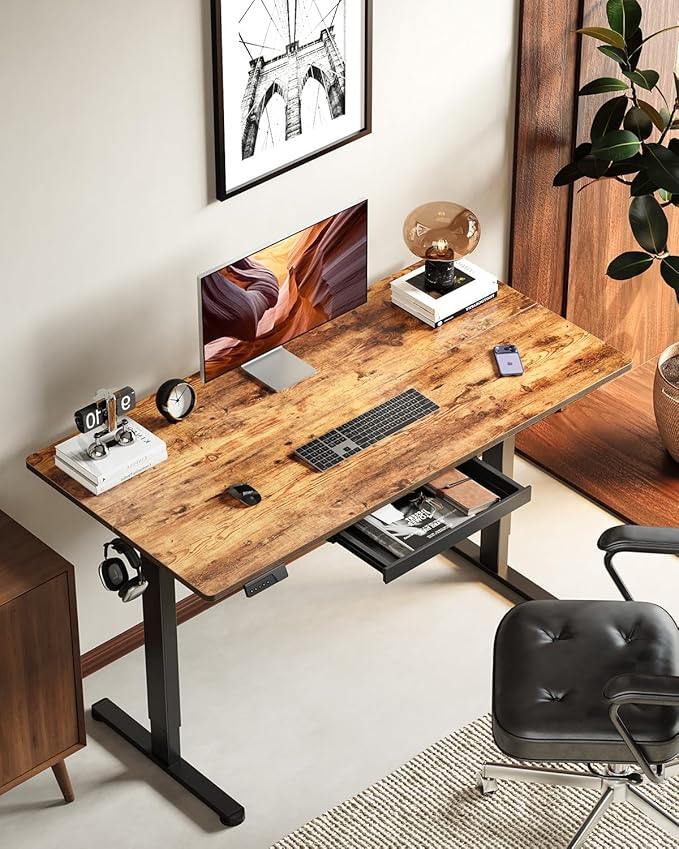 FEZIBO Electric Standing Desk with Drawers, 55 x 28 Inch Height Adjustable Desk with 3 Memory Presets, Sit Stand Up Desks for Home Office, Rustic Brown