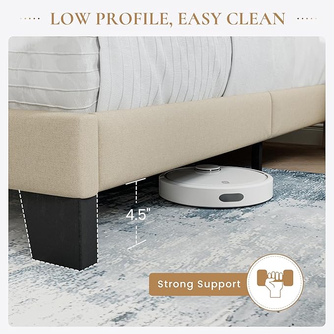 SHA CERLIN Queen Platform Bed Frame with Upholstered Fabric Headboard, Mattress Foundation with Strong Wooden Slats Support, No Box Spring Needed, Beige