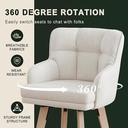 360°Swivel Counter Height Bar Stools with Back, 30 inch Solid Wood Legs, Bar Stool Modern Kitchen Island Chairs, Fabric (Beige- Fabric, 30" H- Set of 4)