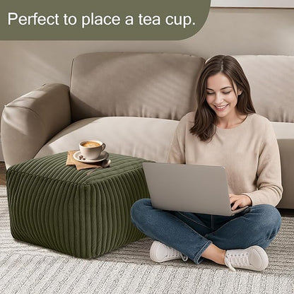 MeMoreCool Square Stuffed Pouf Ottoman Foot Rest, Stripe Furry Floor Pouf Foot Stool with Foam Chunk Filling, Soft Fluffy Stuffed Ottoman Footrest for Living Room, Faux Fur Green