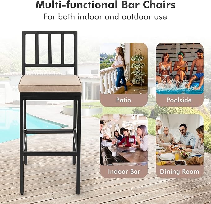 COSTWAY 4 PCS Patio Bar Chairs, Heavy-Duty Metal Frame Bar Stools, Indoor Outdoor All-Weather Resistant Barstools with Detachable Cushion & Footrest, for Patio, Garden, Poolside (4)