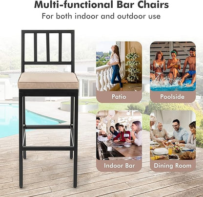 COSTWAY 4 PCS Patio Bar Chairs, Heavy-Duty Metal Frame Bar Stools, Indoor Outdoor All-Weather Resistant Barstools with Detachable Cushion & Footrest, for Patio, Garden, Poolside (4)