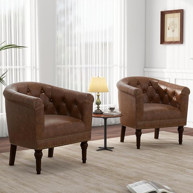 Pia Ricco Faux Leather Barrel Accent Chair, Comfy Club Armchair with Solid Wood Legs, Nailhead Trim Upholstered Single Sofa Chair for Living Room Bedroom/Reading Room, Tan, Set of 2