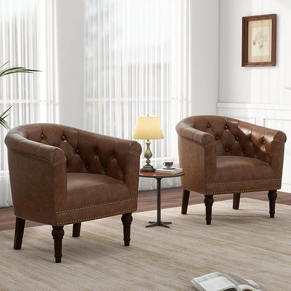Pia Ricco Faux Leather Barrel Accent Chair, Comfy Club Armchair with Solid Wood Legs, Nailhead Trim Upholstered Single Sofa Chair for Living Room Bedroom/Reading Room, Tan, Set of 2