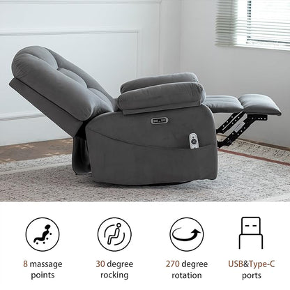 Power Swivel Rocker Recliner with Massage and Heat, USB and Type-C Port, Infinite Position, Electric Glider Rocking Chairs Living Room, Soft Fabric Reclining Sofa Chair (Velvet Grey)