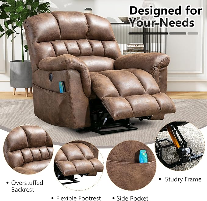 Large Power Lift Recliner Set of 2 with Massage and Heat for Elderly, Faux Leather Electric Lifting Recliners with USB Port, Oversized Reclining Sofa Chair for Living Room, Brown
