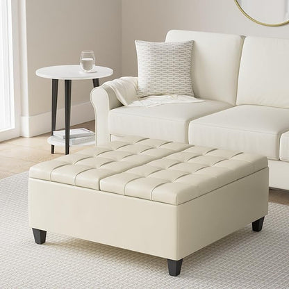 SIMPLIHOME Harrison Coffee Table Storage Ottoman - 36 inch Wide Upholstered Vegan Leather Square Lift-Top Ottoman in Satin Cream, Transitional Ottoman for Living Room with Hidden Storage