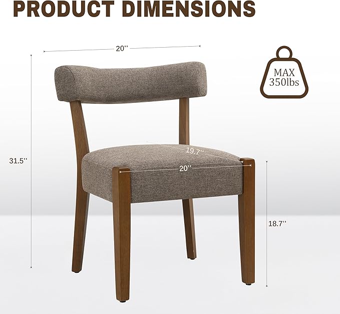 Modern Dining Chairs Set of 4, Walnut Upholstered Kitchen & Dining Room Chairs, Mid Century Wooden Dining Chairs Oversized Sturdy Fabric Rounded Chairs Curved Back, Tan Brown
