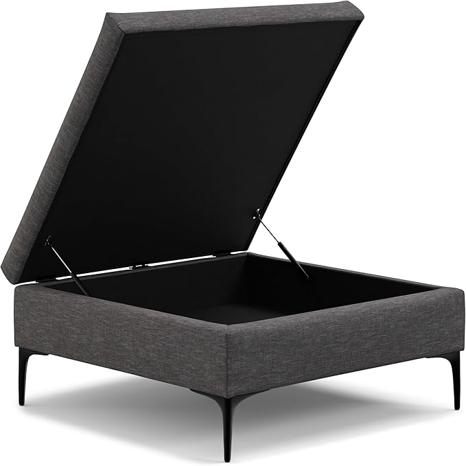 SIMPLIHOME Rebecca 36 inch Wide Contemporary Square Mid Century Coffee Table Storage Ottoman with Lift Up Lid in Slate Grey Polyester Linen, Assembled, For the Living Room, Entryway and Family Room