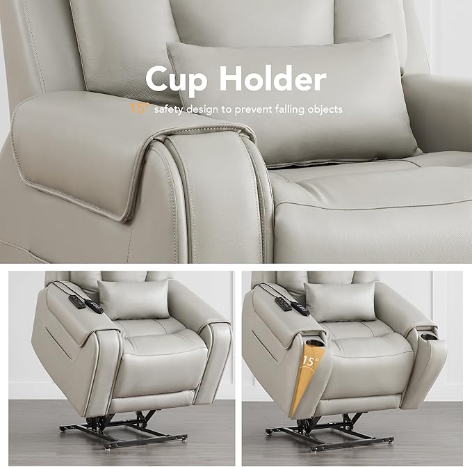 CHITA Electric Power Lift Recliner Chair for Elderly with Massage and Heat, Large Lay Flat Genuine Leather Recliner Chair with Cup Holders, USB Ports, Power Headrest, Independent Backrest, Light Gray