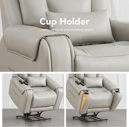 CHITA Electric Power Lift Recliner Chair for Elderly with Massage and Heat, Large Lay Flat Genuine Leather Recliner Chair with Cup Holders, USB Ports, Power Headrest, Independent Backrest, Light Gray