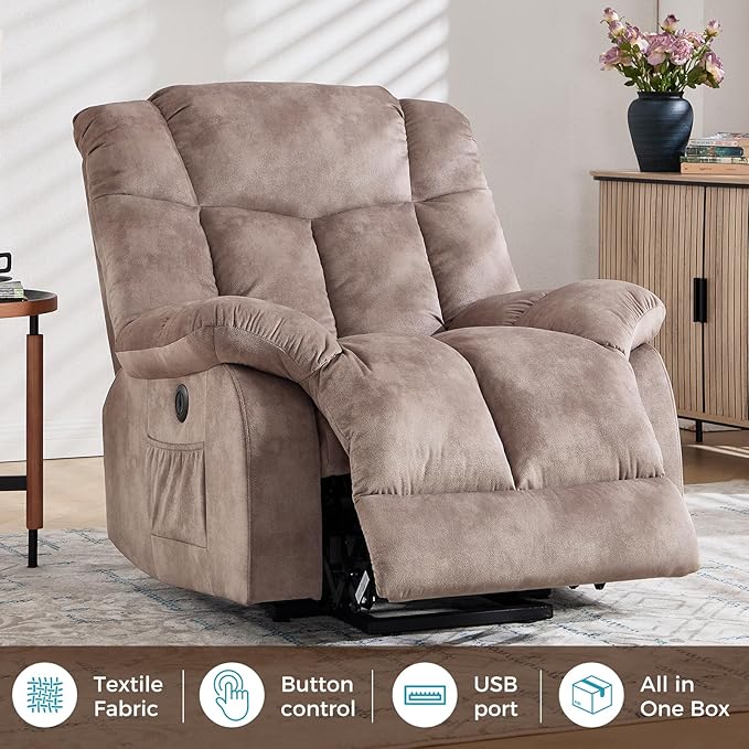 CANMOV Power Lift Recliner Chair for Elderly, Heavy Duty and Safety Motion Reclining Mechanism-Antiskid Fabric Sofa Living Room Chair with Overstuffed Design, Light Tan