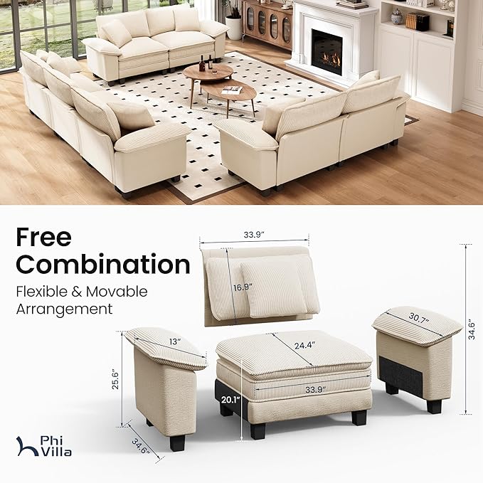 PHI VILLA Cloud Modular Couches Sets, 3 Pieces Large Sectional Sofa Set with Loveseats, 7-Seater Upholstered Couch for Living Room, Chenille Corduroy Dual Fabric, Beige
