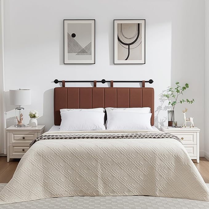 UEV Queen Headboard Only, Wall Mounted Hanging Upholstered Bed Head Board, Modern Vertical Channel Design of Fine Linen, Elegant Brown Fluted Headboard for Bedroom (Brown, Queen Size)