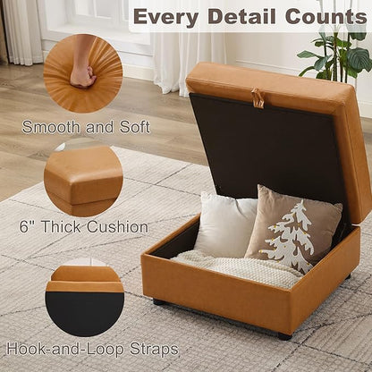 Ottoman with Storage, Faux Leather Square Storage Ottoman, Large Ottomans Foot Rest, Upholstered Foot Stools Ottomans for Modular Sectional Sofa, Coffee Table for Living Room, Brown