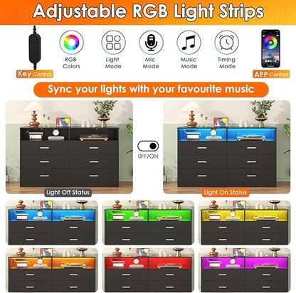 Bigbiglife Dresser for Bedroom, 6 Drawer Dresser with Charging Station and Led Light, Modern Chest of Drawers for Bedroom, Living Room,Black