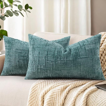 decorUhome Teal Chenille Throw Pillow Covers 12x20 Set of 2 Thick Textured Slubby Couch Pillow Covers Farmhouse Accent Modern Neutral Decorative Pillow Cases for Bed Sofa Living Room