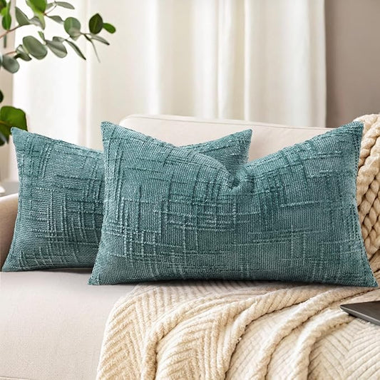 decorUhome Teal Chenille Throw Pillow Covers 12x20 Set of 2 Thick Textured Slubby Couch Pillow Covers Farmhouse Accent Modern Neutral Decorative Pillow Cases for Bed Sofa Living Room