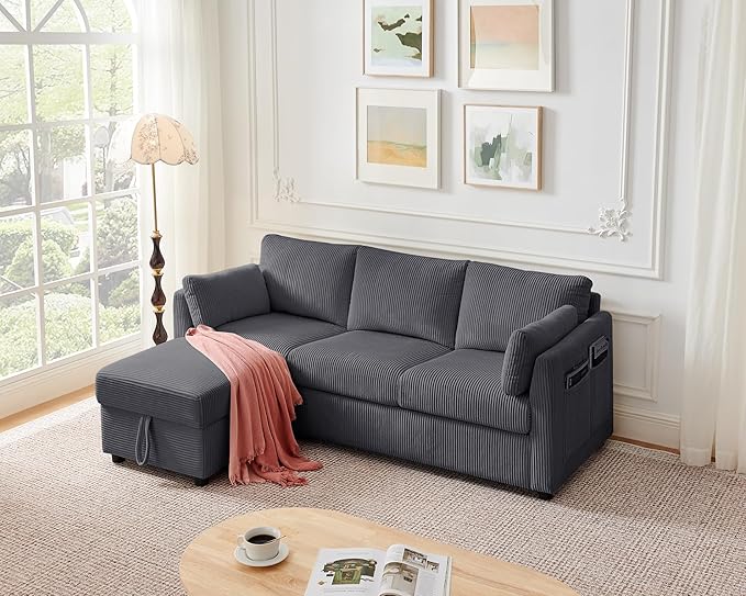 Corduroy Storage Ottoman for Living Room Sofas Couches, Square Ottoman with Storage Space Foot Rest Stool for Apartment, Dorm, Entryway, Grey