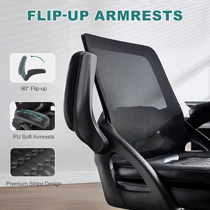 Big and Tall Office Chair, 500lbs Mesh Heavy Duty Ergonomic Desk Chair with Flip-up Armrests, Plus Size Wide Seat in PU Leather, 360 Swivel Computer Executive Task Chair for Home Office (Black)