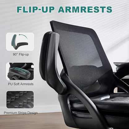 Big and Tall Office Chair, 500lbs Mesh Heavy Duty Ergonomic Desk Chair with Flip-up Armrests, Plus Size Wide Seat in PU Leather, 360 Swivel Computer Executive Task Chair for Home Office (Black)