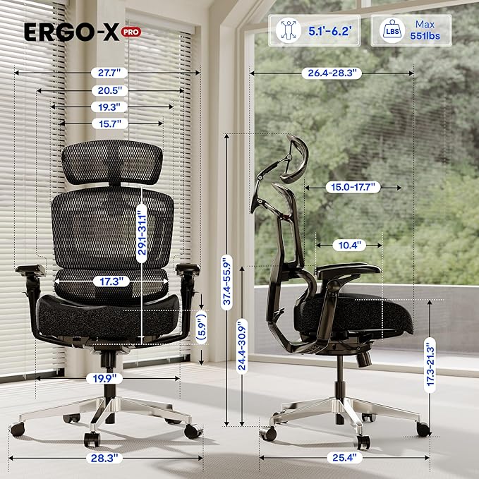 FLEXISPOT ErgoX-PRO Ergonomic Office Chair Black – 5D Lumbar, 7D Armrests, 4D Headrest, 551LB Capacity, AeroWeave 5.0 Mesh Seat – Office, Gaming, Bedroom