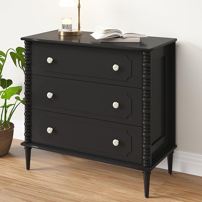 3 Drawer Dresser, 32 inch Wide Dresser for Bedroom, Modern Wood Chest of Drawers, Turned Legs Nightstand with 3 Drawers for Dorms, Hallway, Entryway (Black)