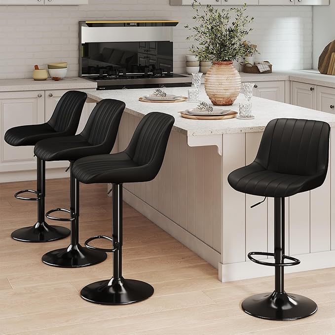 Youhauchair Bar Stools Set of 2, Swivel Counter Height Barstools with Back, Adjustable PU Leather Bar Chairs, Modern Armless Kitchen Island Stool, Black