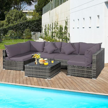 Tangkula 7 Pieces Patio Rattan Furniture Set, Patiojoy Outdoor Conversation Set with Cushions and Tempered Glass Coffee Table, All-Weather Sectional Sofa Set for Garden, Lawn, Backyard (Grey)