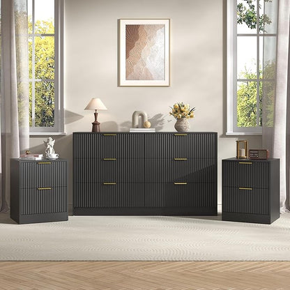 3-Piece Modern Bedroom Furniture Set, Wide 6-Drawer Dresser & 2-Drawer Nightstands Set of 2, Natural Wood Dresser and Nightstand Sets for Bedroom, Hallway, Black