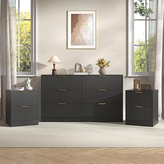 3-Piece Modern Bedroom Furniture Set, Wide 6-Drawer Dresser & 2-Drawer Nightstands Set of 2, Natural Wood Dresser and Nightstand Sets for Bedroom, Hallway, Black