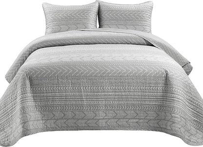 Lush Decor Hygge Geo Pattern Striped 3 Piece Quilt Bedding Set, King, Light Gray