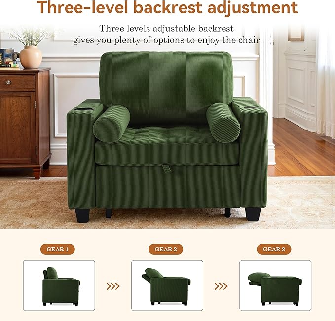 Convertible Sleeper Chair Bed, Comfy Corduroy Single Futon Sofa Chair with Pull Out Bed, 3-Levels Adjustable Backrest Accent Chair with Side Pockets, Cup Holder & USB Ports for Living Room, Bedroom