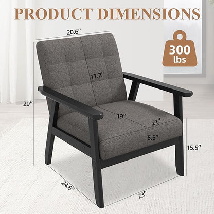Westice Accent Chair 1PC, Mid-Century Modern Living Room Chairs with Solid Wood Frame & Soft Thicken Cushion, Upholstered Arm Reading Chair for Bedroom, Balcony, Grey Linen Fabric & Black Legs