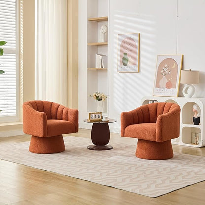 Swivel Accent Chair Set of 2, Upholstered Teddy 360° Swivel Barrel Chair for Living Room Overstuffed Bouncle Reading Chair Round Armchair for Bedroom,Vanity,Office-Orange
