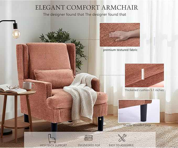 Accent Chair for Living Room Chairs Upholstered Oversized Reading Chair Armchair Accent Chairs Set of 2 Living Room Chair with High Back and Wood Legs,Arm Chair Comfy Chair for Bedroom(Orange red)
