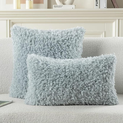 FUTEI Light Blue Decorative Throw Pillow Covers 22x22 Inch Set of 2,Soft Fluffy Faux Wool Fur Boucle Textured Cushion Case,Modern Home Decor for Couch Bed Living Room Office