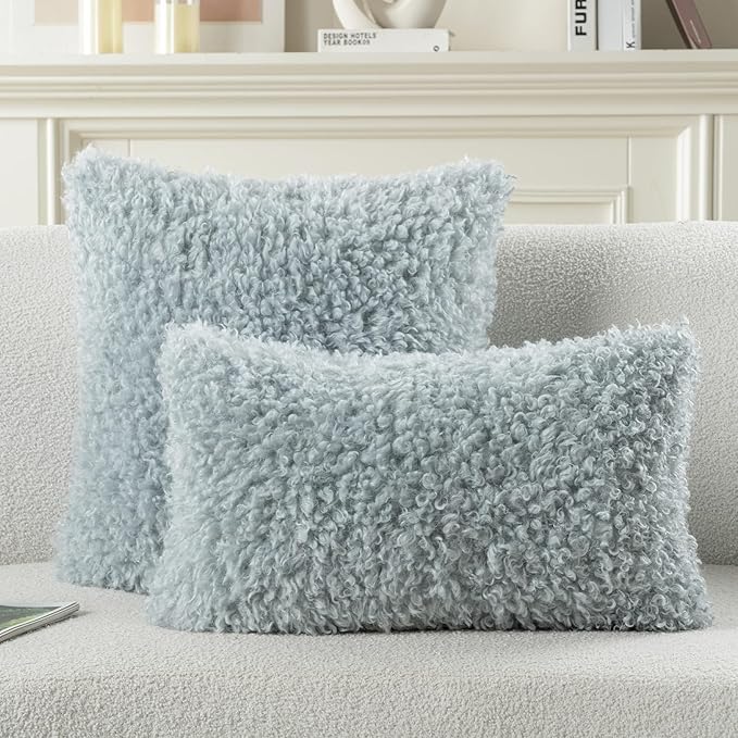 FUTEI Light Blue Decorative Throw Pillow Covers 24x24 Inch Set of 2,Soft Fluffy Faux Wool Fur Boucle Textured European Cushion Case,Modern Home Decor for Couch Bed Living Room Office