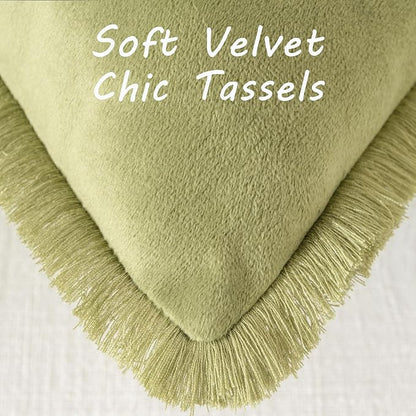 FUTEI Sage Green Velvet Decorative Throw Pillow Covers 24x24 Set of 2,Soft Cozy Edge with Tassels European Cushion Case,Boho Modern Home Decor for Couch Bed Living Room
