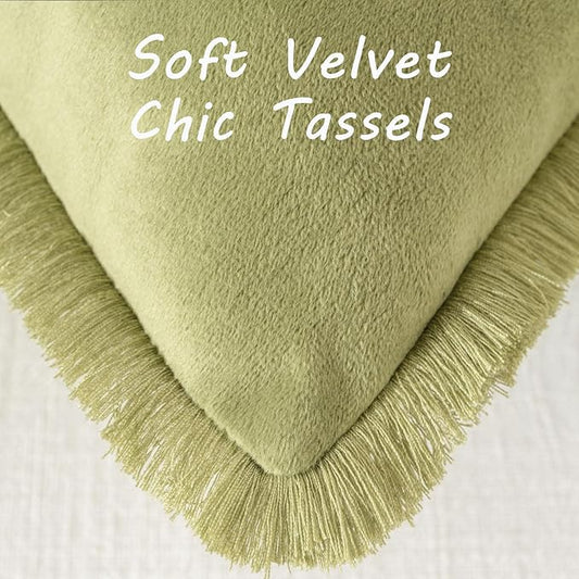 FUTEI Sage Green Velvet Decorative Throw Pillow Covers 22x22 Set of 2,Soft Cozy Edge with Tassels Cushion Case,Boho Modern Home Decor for Couch Bed Living Room